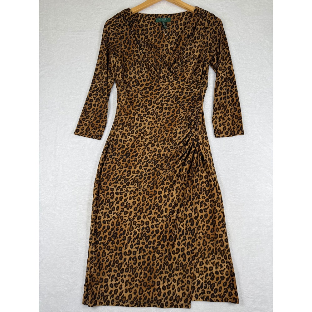 Lauren Ralph Lauren Leopard Print Faux Wrap Ruched Sheath Dress Brown Black Sz 4